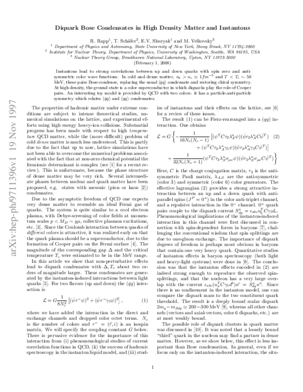 (PDF) Diquark Bose Condensates in High Density Matter and Instantons