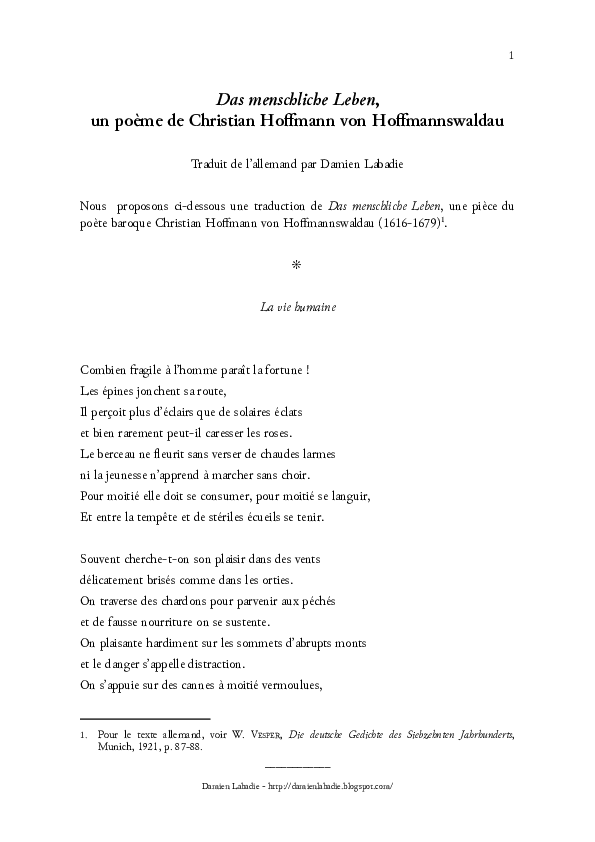 (PDF) « Das menschliche Leben, un poème de Christian Hoffmann von Hoffmannswaldau » Damien