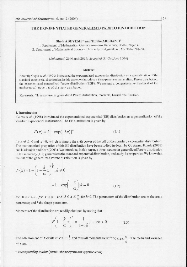 (PDF) The exponentiated generalized Pareto distribution