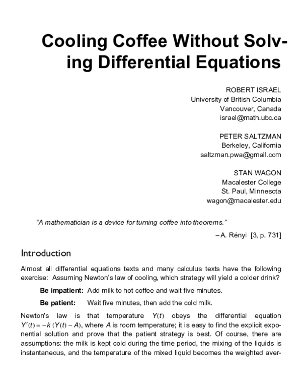 (PDF) Cooling Coffee without Solving Differential Equations Robert