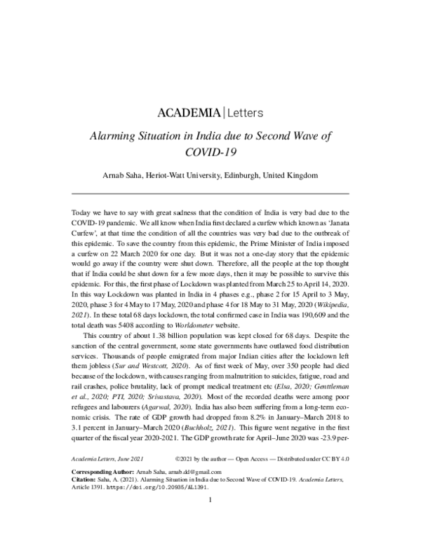 (PDF) Alarming Situation in India due to Second Wave of COVID-19
