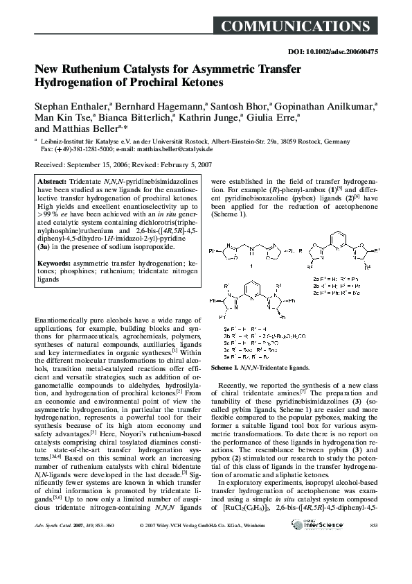 (PDF) New Ruthenium Catalysts for Asymmetric Transfer Hydrogenation of ...