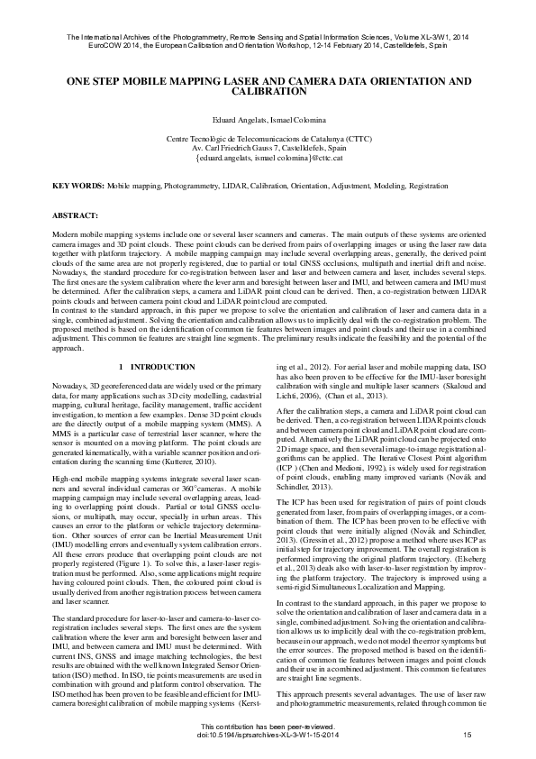 (PDF) One Step Mobile Mapping Laser and Camera Data Orientation and ...