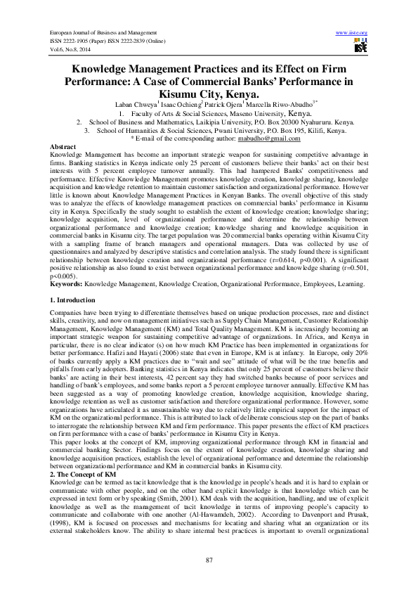 (PDF) Knowledge Management Practices and its Effect on Firm Performance ...