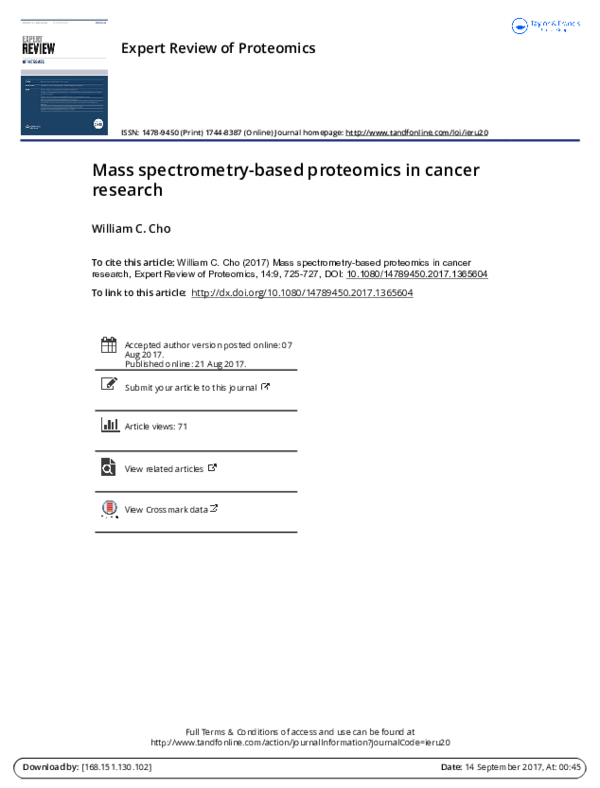 (PDF) Mass Spectrometry Based Proteomics in Cancer Research