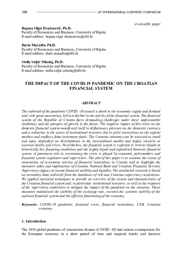 (PDF) The impact of the COVID-19 pandemic on the Croatian financial system