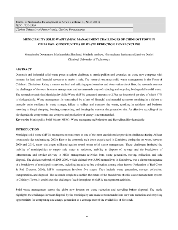 (PDF) Municipality Solid Waste (MSW) Management Challenges of Chinhoyi ...