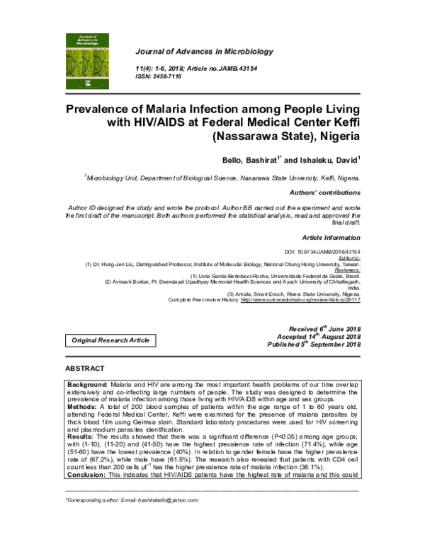 (PDF) Prevalence of Malaria Infection among People Living with HIV/AIDS ...