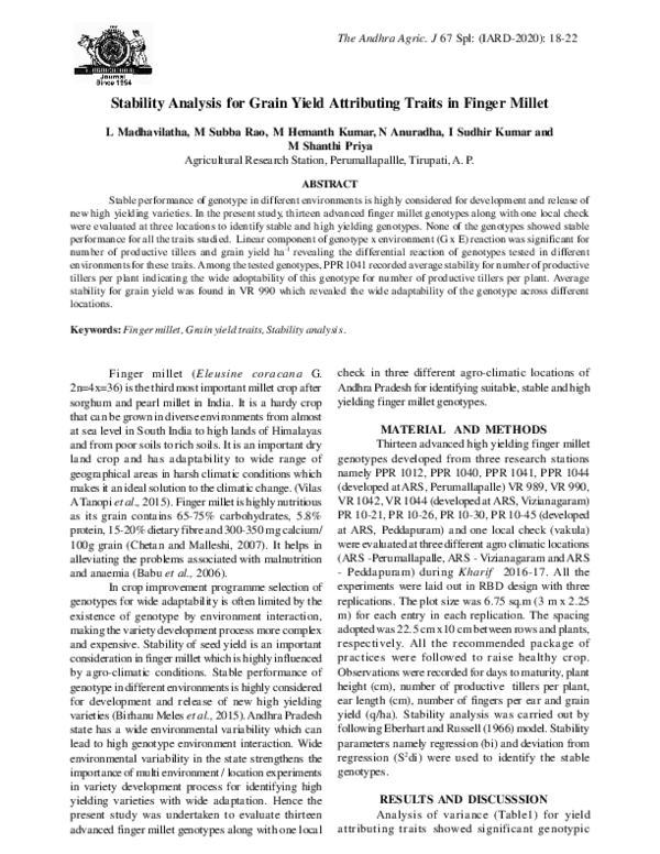 (PDF) Stability Analysis for Grain Yield Attributing Traits in Finger ...