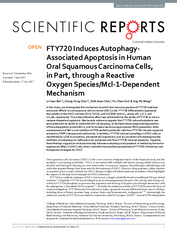 (PDF) FTY720 Induces Autophagy-Associated Apoptosis in Human Oral ...