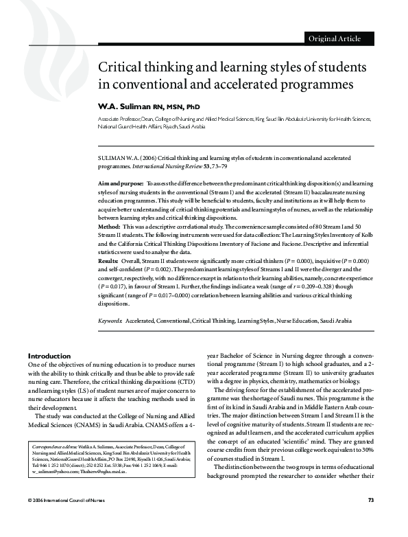 (PDF) Critical thinking and learning styles of students in conventional ...