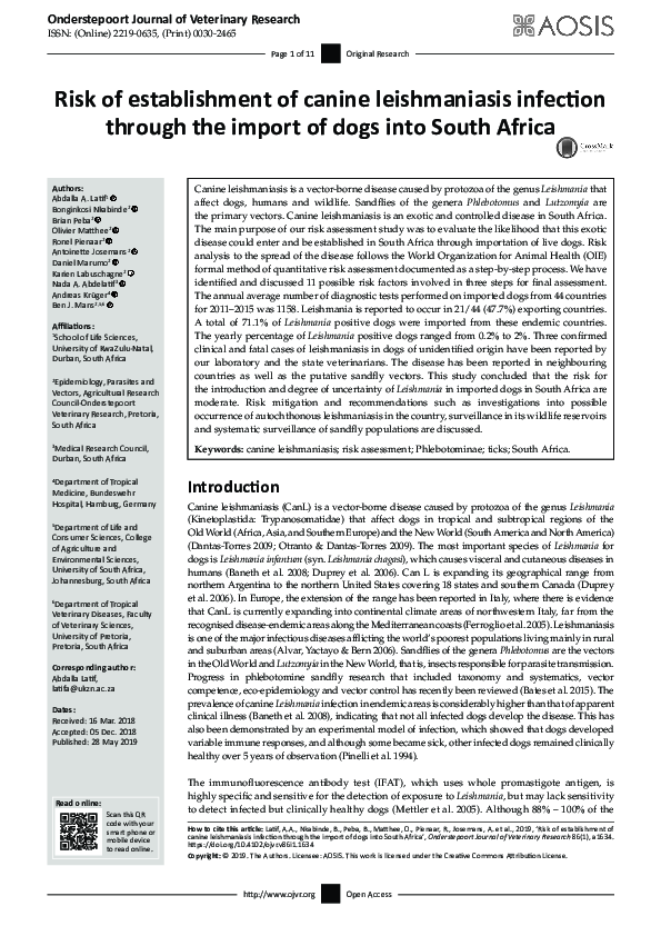 (PDF) Risk of establishment of canine leishmaniasis infection through ...