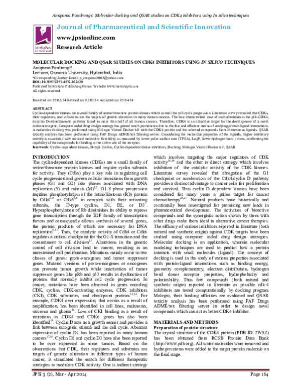 (PDF) Molecular Docking and Qsar Studies on CDK4 Inhibitors Using in ...