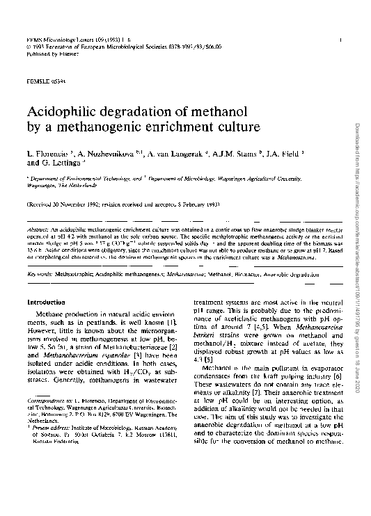 (PDF) Acidophilic degradation of methanol by a methanogenic enrichment ...