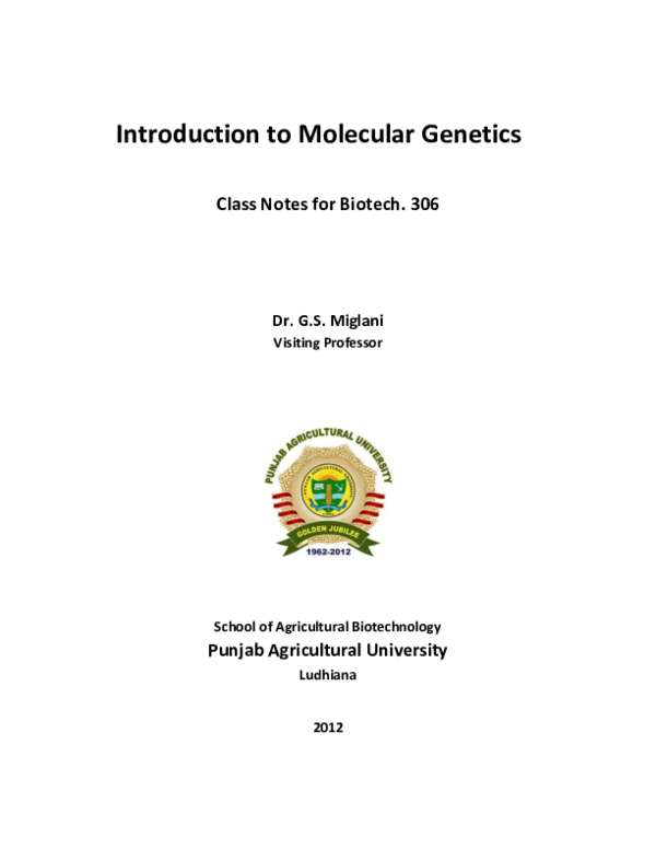 (PDF) Introduction to Molecular Genetics - Class Notes for Biotech. 306