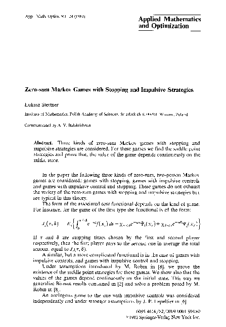 (PDF) Zero-sum Markov games with stopping and impulsive strategies