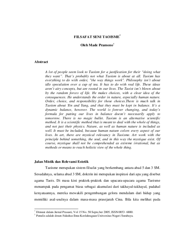 Berikut Yang Bukan Merupakan Bentuk Dari Ajaran Tao Adalah PDF) Filsafat Seni Taoisme * | Made Pramono - Academia.edu