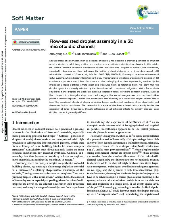 (PDF) Flow-assisted droplet assembly in a 3D microfluidic channel ...