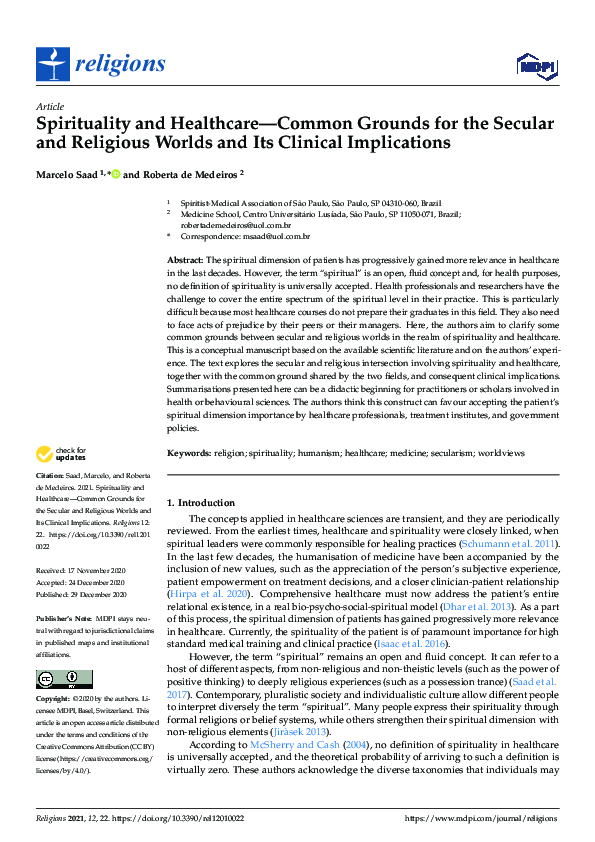 (PDF) Spirituality and Healthcare—Common Grounds for the Secular and ...