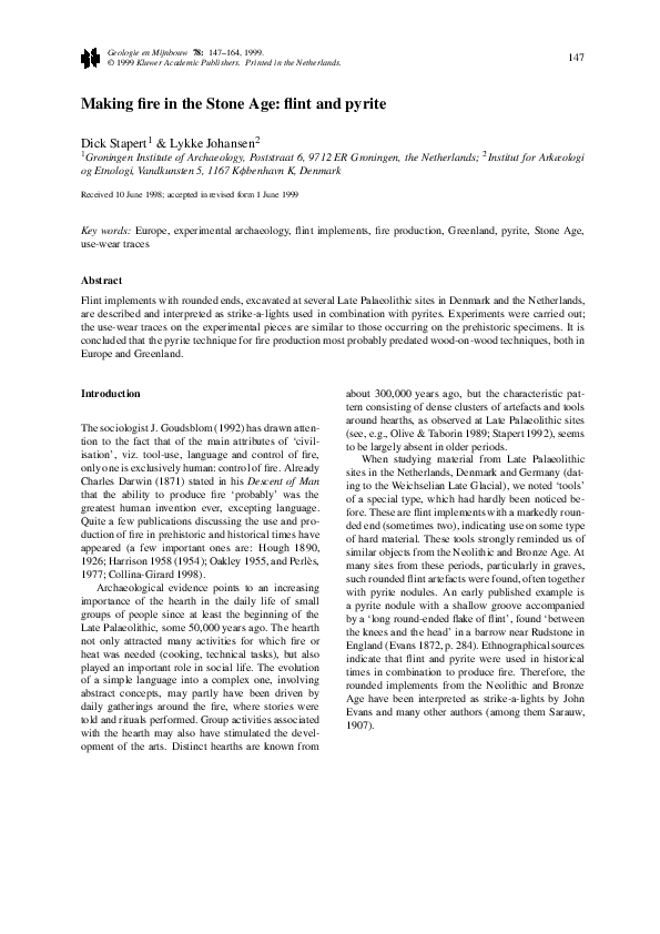 (PDF) Making fire in the Stone Age flint and pyrite Dick Stapert