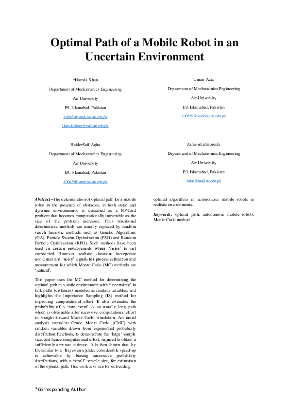 (PDF) Optimal Path planning of a Mobile Robot in an uncertain environment