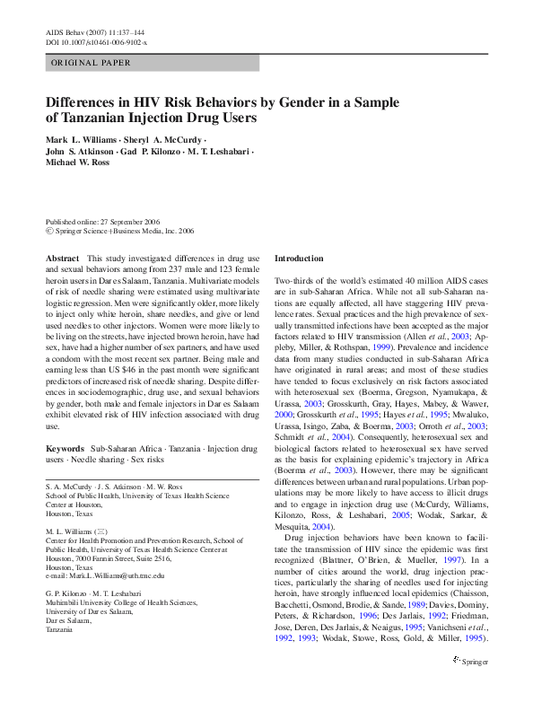 (PDF) Differences in HIV Risk Behaviors by Gender in a Sample of ...