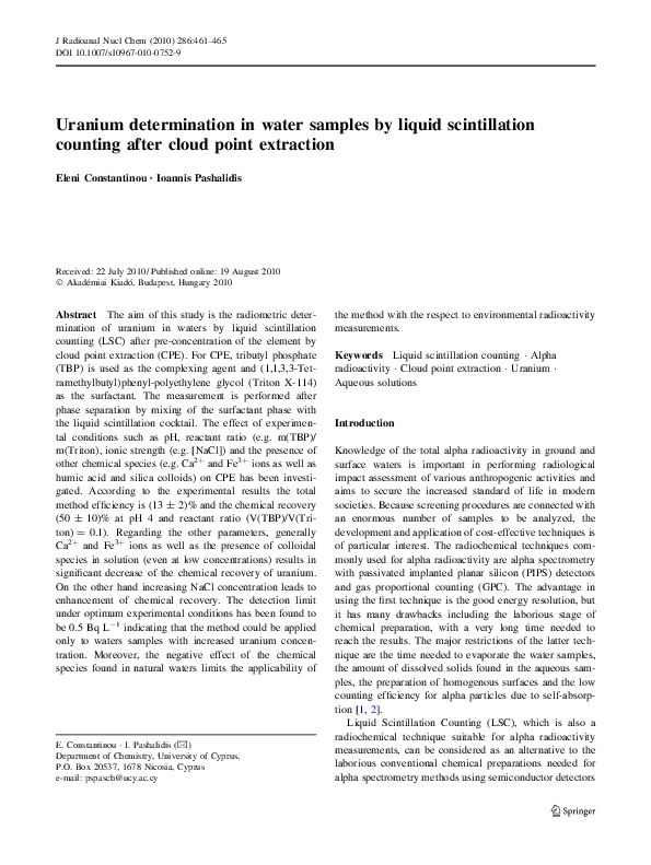 (PDF) Uranium determination in water samples by liquid scintillation