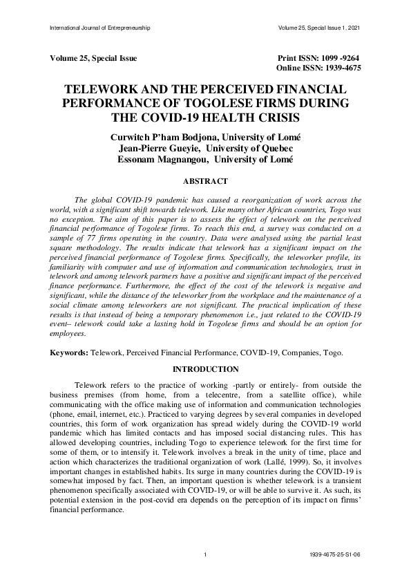 (PDF) TELEWORK AND THE PERCEIVED FINANCIAL PERFORMANCE OF TOGOLESE ...