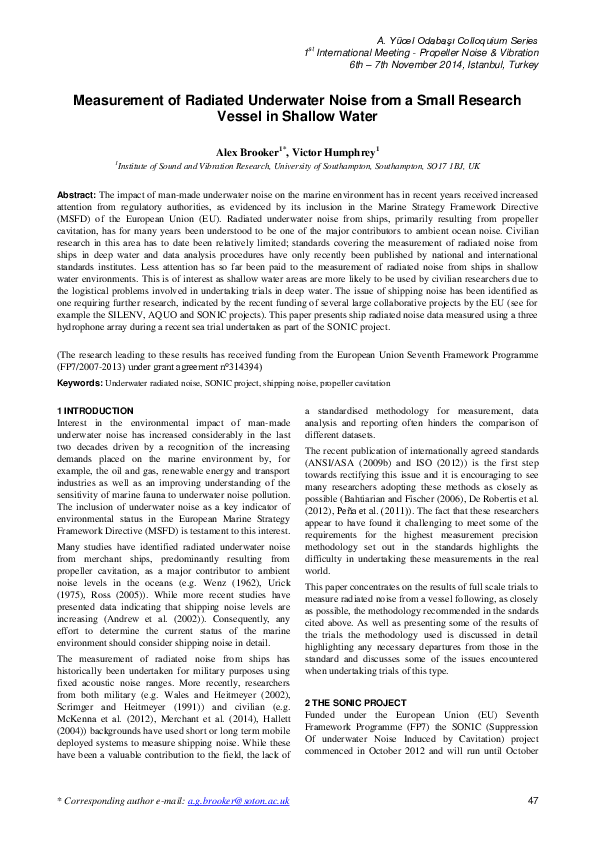 (PDF) Measurement of radiated underwater noise from a small research ...