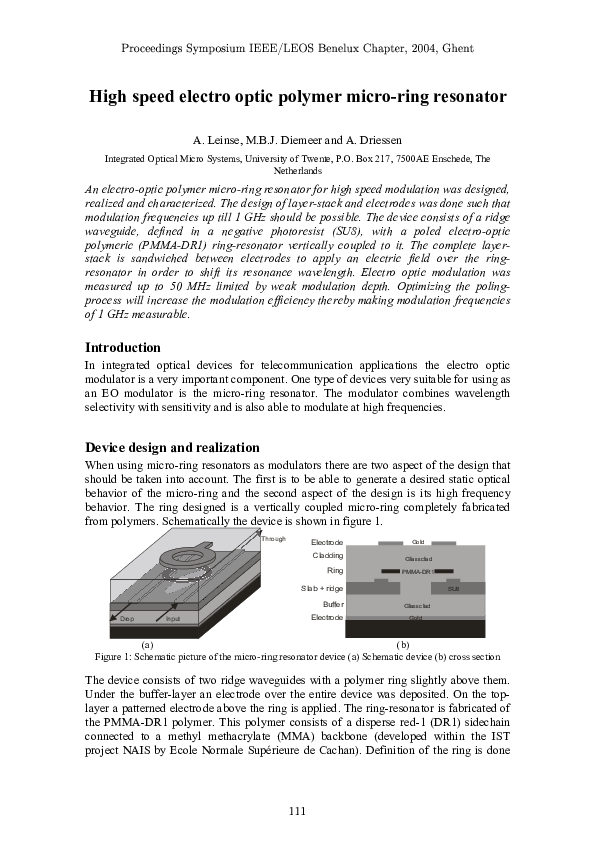 (PDF) High speed electro optic polymer micro-ring resonator