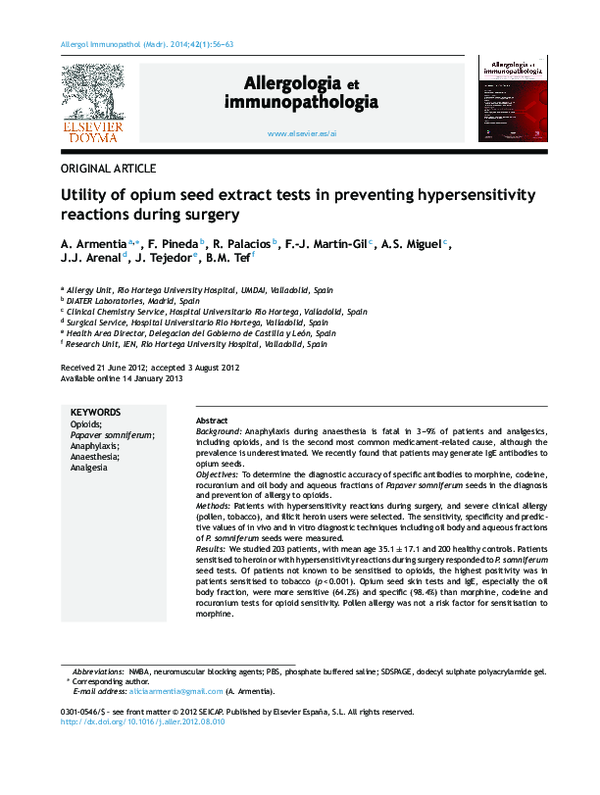 PDF) Utility of opium seed extract tests in preventing hypersensitivity  reactions during surgery | J Tejedor - Academia.edu