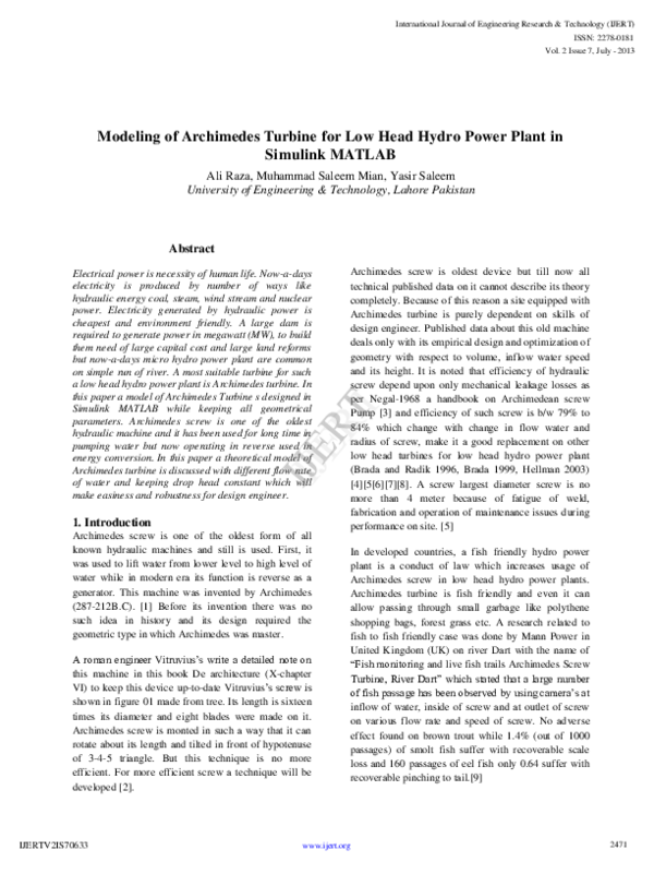 (PDF) IJERTModeling of Archimedes Turbine for Low Head Hydro Power