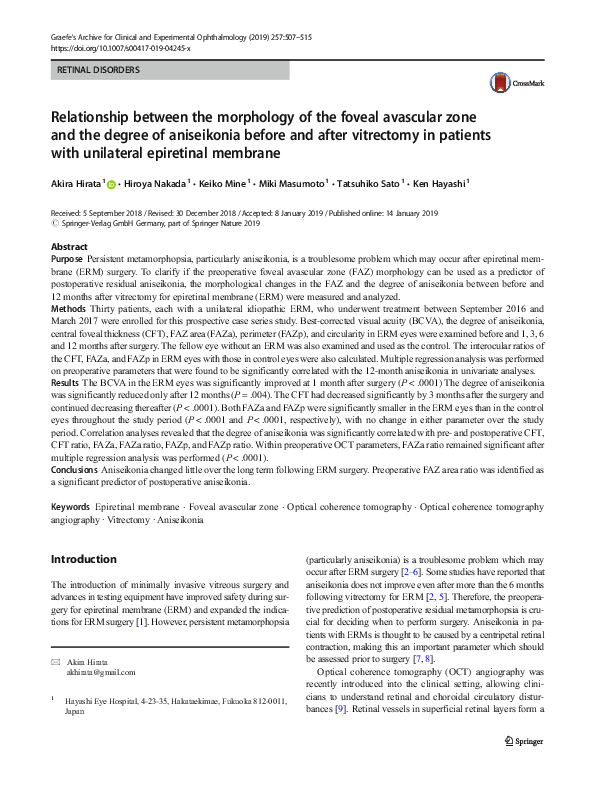 (PDF) Relationship between the morphology of the foveal avascular zone ...