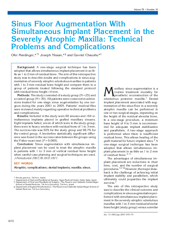 (PDF) Sinus Floor Augmentation With Simultaneous Implant Placement in ...