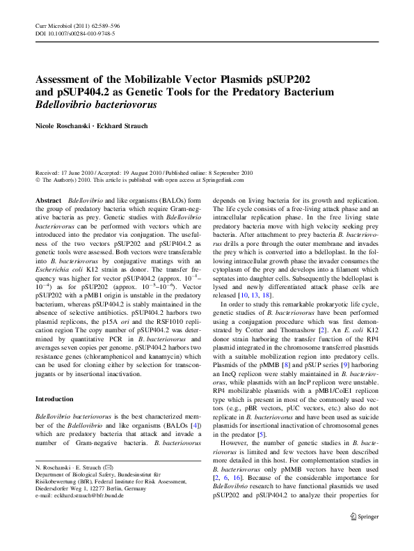 (PDF) Assessment of the Mobilizable Vector Plasmids pSUP202 and pSUP404 ...