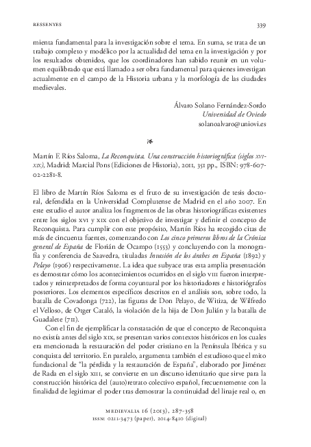 (PDF) Martín F. Ríos Saloma, La Reconquista. Una construcción ...