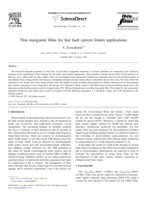 (PDF) Thin manganite films for fast fault current limiter applications