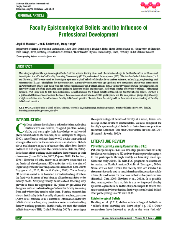 (PDF) Faculty Epistemological Beliefs and the Influence of Professional ...