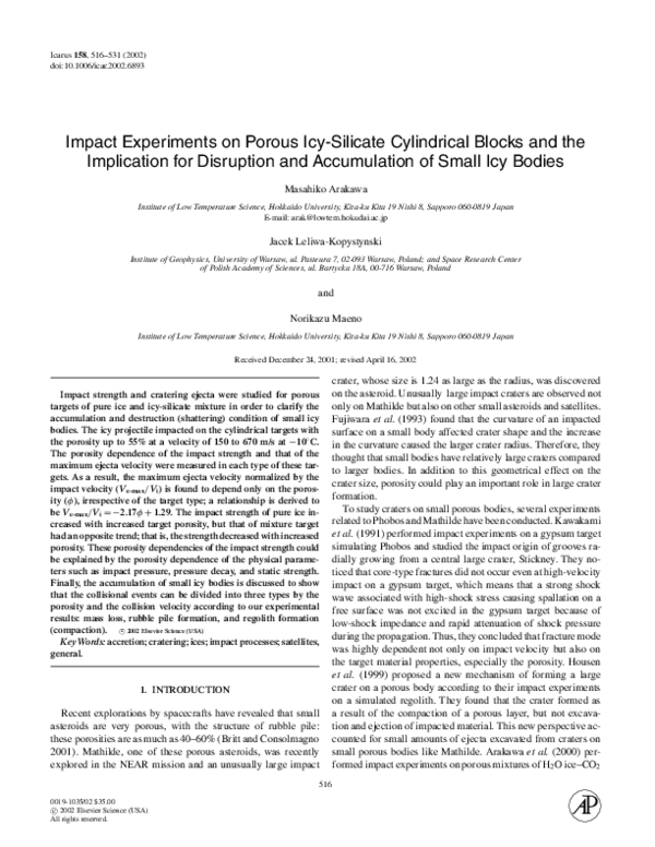 (PDF) Impact Experiments on Porous Icy-Silicate Cylindrical Blocks and ...