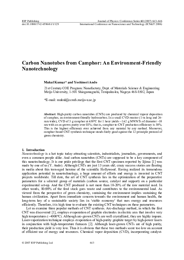 (PDF) High-Yield Green Synthesis of Carbon Nanotubes from Camphor
