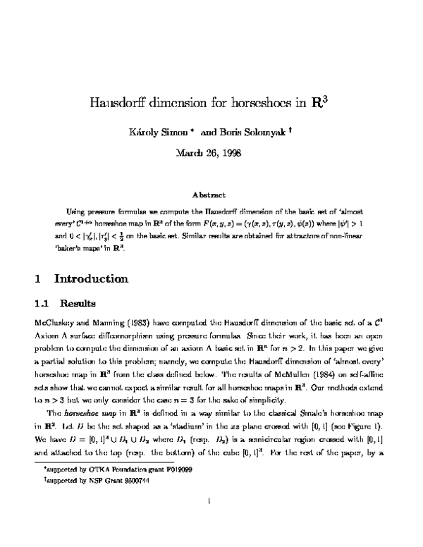 (PDF) Hausdorff dimension for horseshoes in \mathbb{R}^3 Karoly