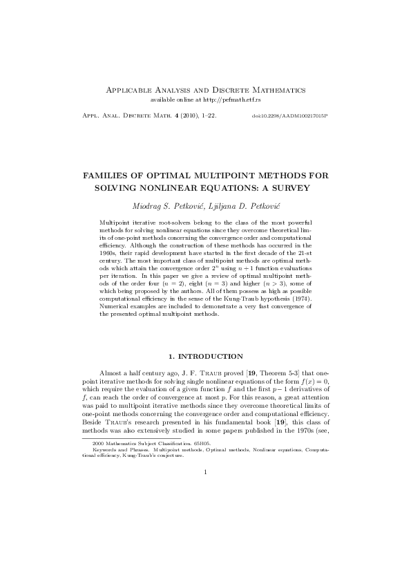 (PDF) Families of optimal multipoint methods for solving nonlinear ...
