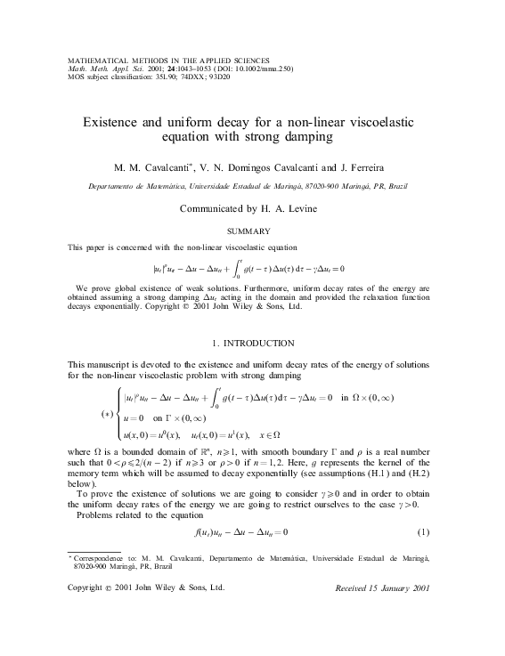 (PDF) Existence and uniform decay for a non‐linear viscoelastic ...