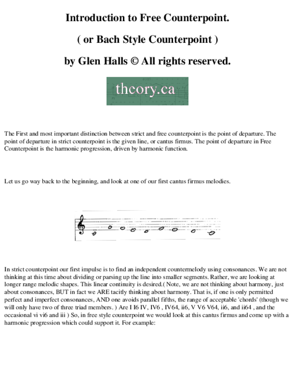 (PDF) Introduction to Free or 'Bach style' counterpoint. by Glen Halls