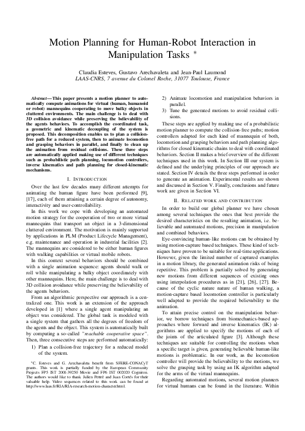 (PDF) Motion planning for human-robot interaction in manipulation tasks