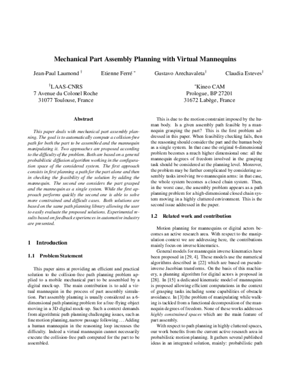(PDF) Mechanical part assembly planning with virtual mannequins | C ...