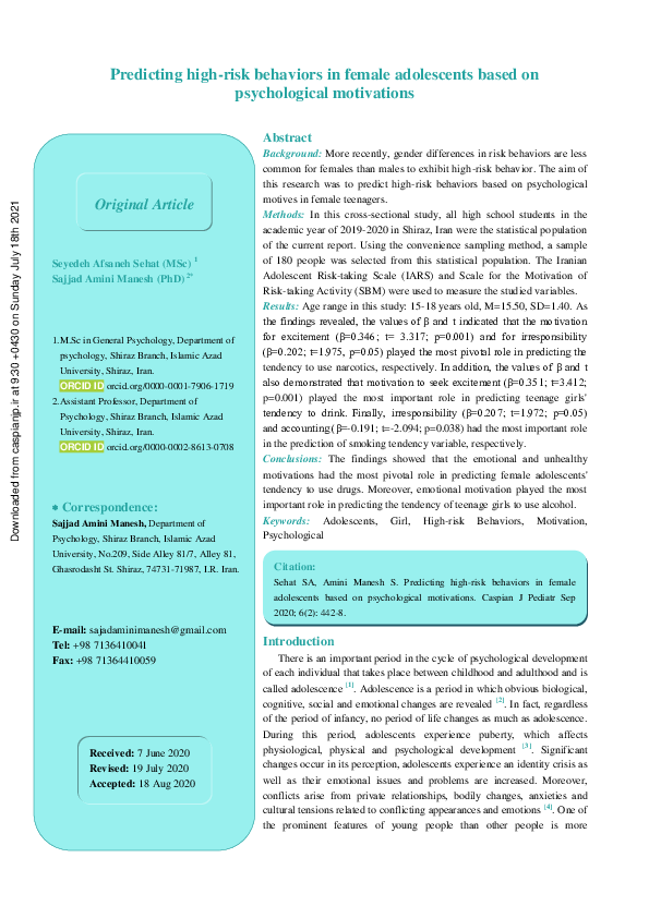 (PDF) Predicting high-risk behaviors in female adolescents based on ...
