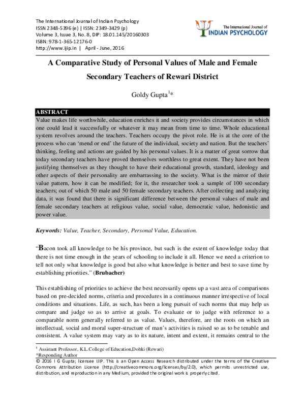 (PDF) A Comparative Study of Personal Values of Male and Female ...