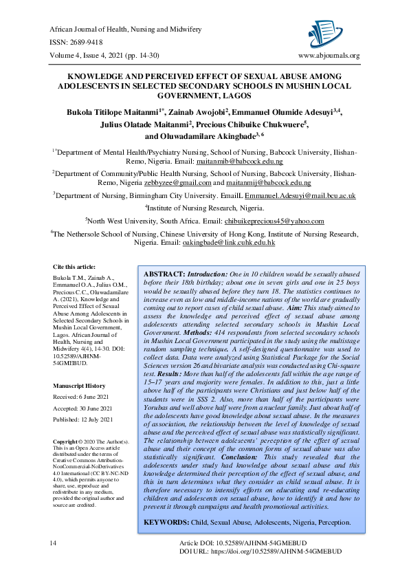 (PDF) KNOWLEDGE AND PERCEIVED EFFECT OF SEXUAL ABUSE AMONG ADOLESCENTS ...