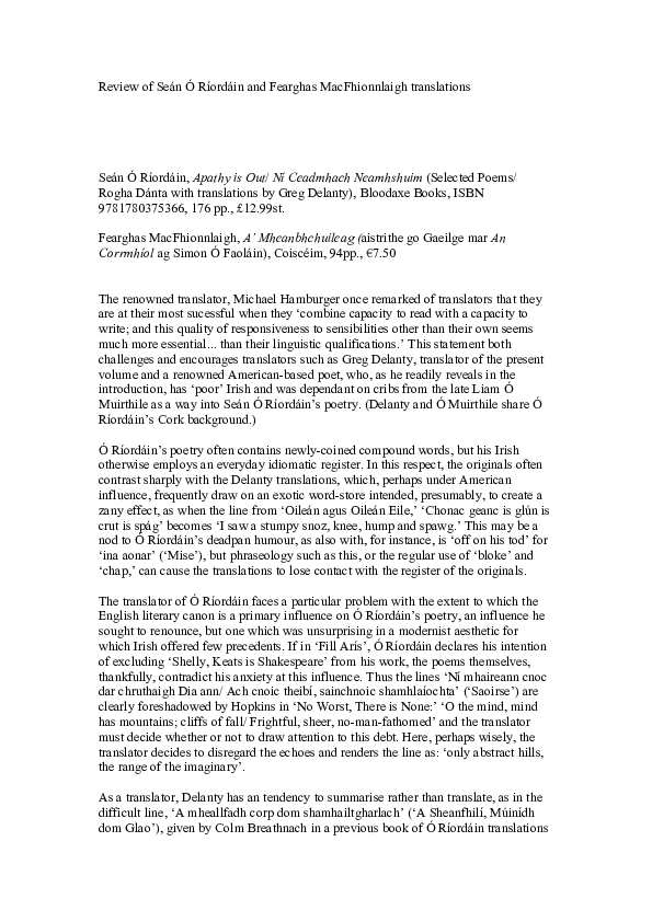 (DOC) Review of Seán Ó Ríordáin and Fearghas MacFhionnlaigh translations